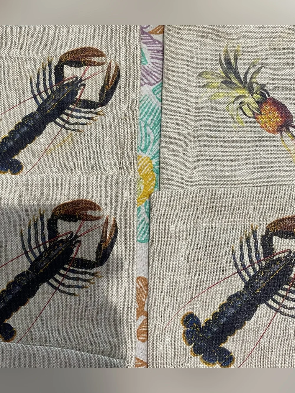 Six Coasters of 100% Linen. Hand sewn. Made in Russia, Pineapple & Lobster. NIB